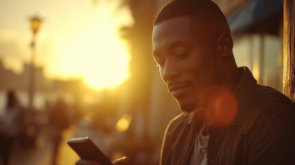 An African man stands beneath a streetlight, focused on his smartphone as the sunset casts a warm glow. The vibrant sunset creates a stunning backdrop, highlighting his attentive e