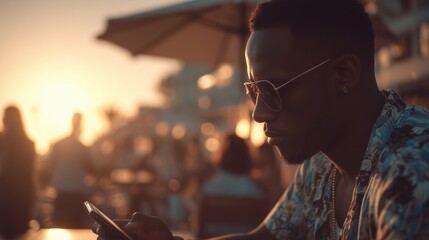 An African man sits at an outdoor café, gazing intently at his smartphone while the golden sunset bathes the scene in warm light. The lively atmosphere features blurred figures, su