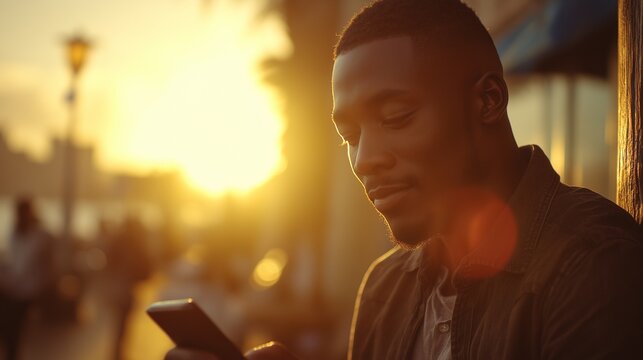 An African man stands beneath a streetlight, focused on his smartphone as the sunset casts a warm glow. The vibrant sunset creates a stunning backdrop, highlighting his attentive e