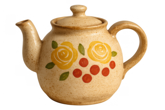 Ceramic teapot featuring yellow roses and red polka dots artwork, vintage kitchenware for serving hot beverages, transparent background