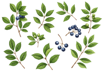individual watercolor sprigs of lush green foliage and indigo berries, highly detailed scientific botanical illustration flat lay on a transparent background. concept of elegant natural elements
