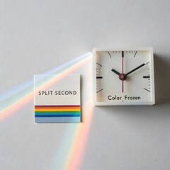 Prism reflecting rainbow light onto a square white clock