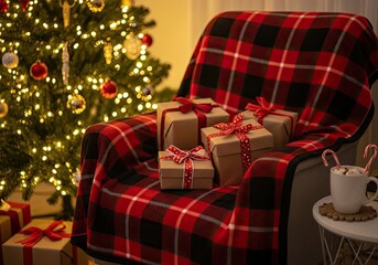 Cozy Christmas Eve gifts wrapped with red ribbons await opening night in a warm, festive holiday setting with twinkling lights and a cup of hot cocoa, perfect for heartwarming memories