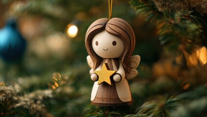 Wooden angel ornament holding a gold star hangs from a Christmas tree adding holiday cheer