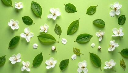 Floral Still Life with White Flowers and Green Leaves on Pale Green Backdrop Pattern Arrangement