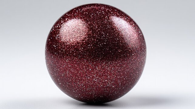 Single deep burgundy sphere with sparkling glitter texture rests on a light gray surface
