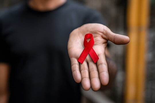 Man's hand holding red ribbon for aids awareness