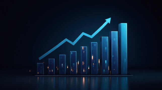 Glowing blue bar chart with upward arrow symbolizing business growth, financial success, data analysis, and market progress