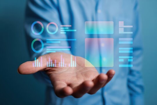 Person analyzing complex data on a transparent virtual interface with charts and infographics