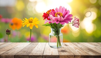 Colorful flowers arranged in a glass vase on a rustic wooden table with a blurred background