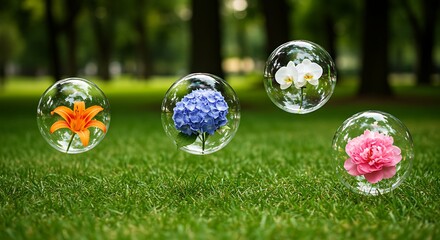 Colorful flowers encased in translucent bubbles floating above a vibrant green lawn