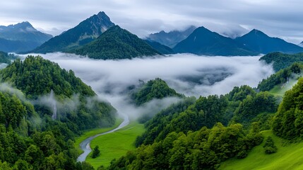 Serene Mountain Landscape with Fog and Lush Green Valleys.