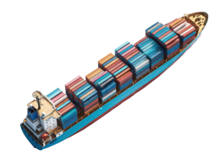 A large blue and white ship with many containers on it