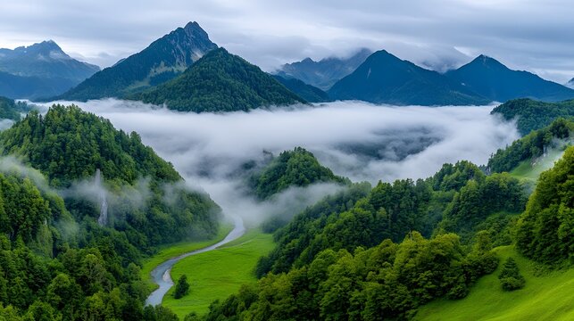 Serene Mountain Landscape with Fog and Lush Green Valleys.