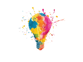 A colorful light bulb with a white background