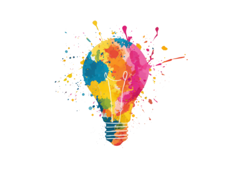 A colorful light bulb with a white background