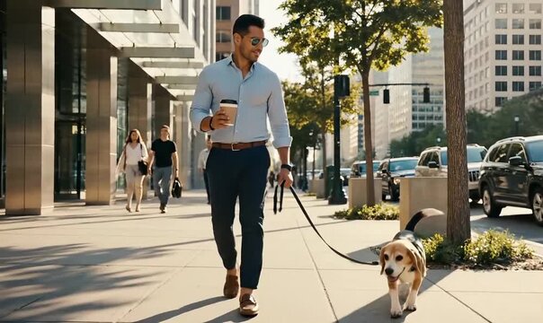 Man walks beagle on leash while holding coffee cup on city sidewalk day
