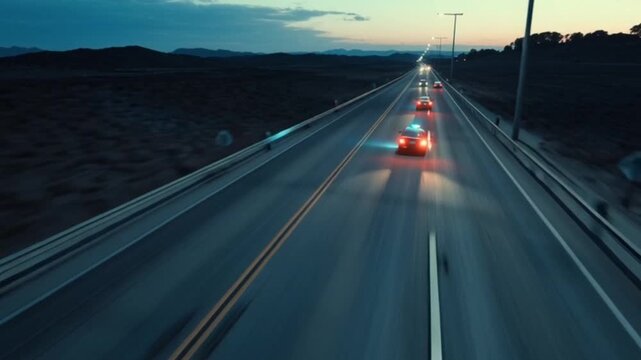 Cinematic Top-Angle View of a High-Speed Police Car Chase on the Highway, Capturing Intense Motion, Flashing Lights, Dramatic Perspective, and the Adrenaline-Fueled Action of Pursuit