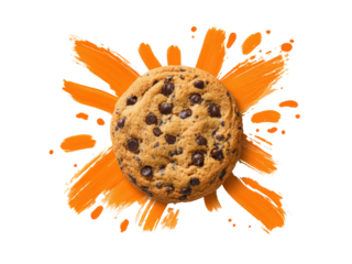 A chocolate chip cookie is shown on a white background with orange splatters