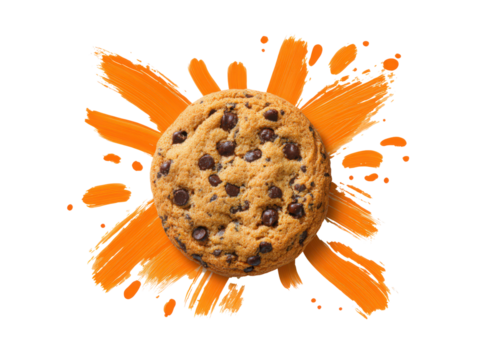 A chocolate chip cookie is shown on a white background with orange splatters