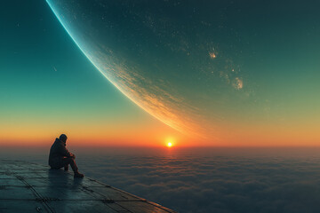 Eine Person sitzt vor einem unglaublichen Ausblick vom Himmel und der Sterne