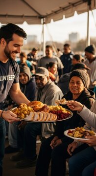 Smiling volunteer man serving Thanksgiving holiday meal to diverse community members. Event for charity and relief to help poor people.