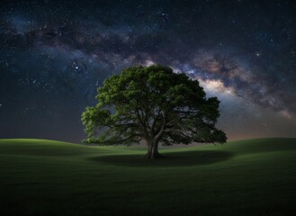 Ein einsamer Baum steht nachts auf einer wiese und im hintergrund die Milchstrasse