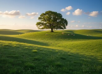 Ein einsamer Baum steht auf einer wiese und und schafe weiden drumherum