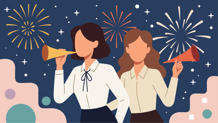 Businesswoman and team celebrate New Year's Eve with party horns and fireworks at night