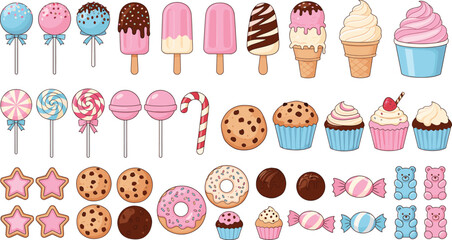 Large Sweet Candy and Dessert Vector Collection with Ice Cream, Cupcakes, Lollipops, and Donuts, Perfect for Bakery and Food Advertisements.