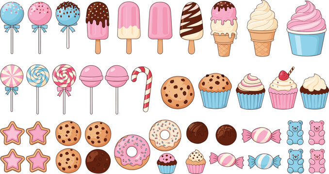 Large Sweet Candy and Dessert Vector Collection with Ice Cream, Cupcakes, Lollipops, and Donuts, Perfect for Bakery and Food Advertisements.