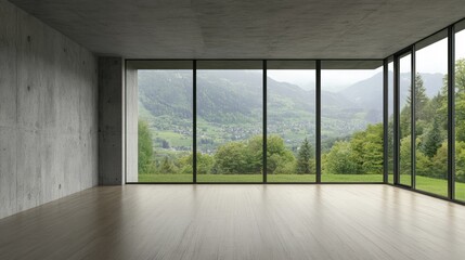 Empty modern room, mountain view, wood floor, concrete wall, real estate