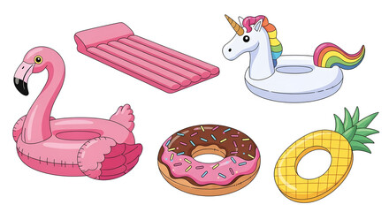 Summer Fun Floats: A vibrant collection of whimsical pool floats, including a flamingo, unicorn, mattress, donut and pineapple. inviting you to embrace the joy and relaxation of summer.
