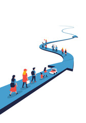 Diverse group of people and a small car travel along a blue arrow path.