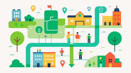 Fototapeta premium Illustration of walkable city with green areas, pedestrian paths and accessible infrastructure in flat colorful style