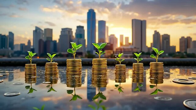 Row of Increasing Coin Stacks with Small Green Plants Growing Against Golden Sunset City Skyline