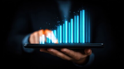 Professional's hand interacting with glowing blue digital bar graph on a tablet, symbolizing business growth, financial success, and data analysis.