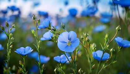Bright Delicate Blue Flower Of Ornamental Flower Of Flax And Its Shoot Against Complex Background Flowers Of Decorative Flax Agricultural Field Of Flax Technical Culture In Stage Of Active Flowering