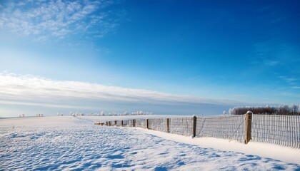 A Snowy Field With A Blue Sky And A Fence In The Background