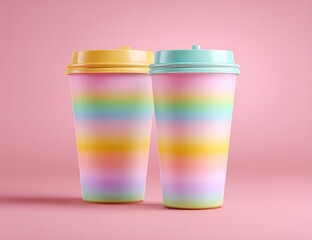 Two pastel rainbow cups on pink background, lids