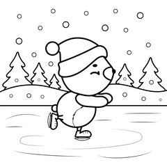 A cute kawaii Christmas coloring page featuring a skating bear.