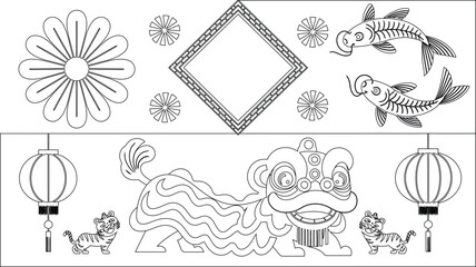 Intricate Line Art Chinese New Year Elements, Lion Dance, Tigers, and Koi Fish Decorations