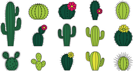 Flat Cartoon Desert Cactus Vector Set with Various Shapes and Succulent Flowers, Ideal for Southwestern, Nature, and Houseplant Designs
