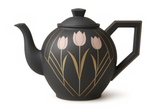 Black ceramic teapot featuring elegant art deco style with gold and pink tulip flower design, transparent background