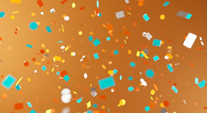 Colorful confetti in various shapes and sizes falling against a gradient orange background