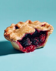 Berry pie bite, golden crust, vibrant filling on blue ground