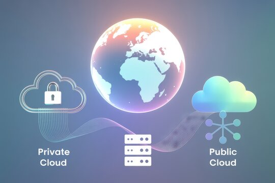 A conceptual illustration of hybrid cloud computing technology, connecting private and public networks with a central server for global data access