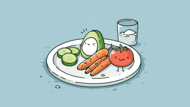 Smiling cartoon produce and egg on a plate, playful food - Powered by Adobe