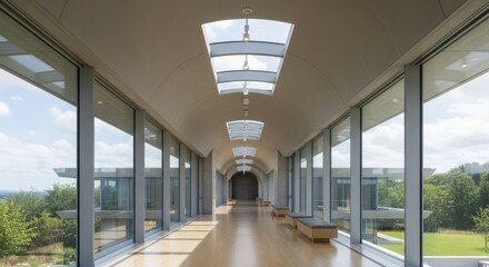 Sunlit modern glass corridor with skylights and architectural columns leading forward