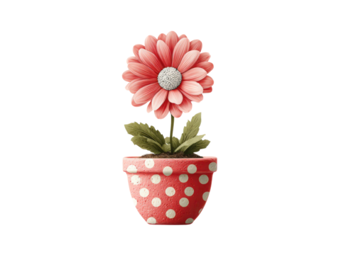 A pink flower in a red and white polka dot pot